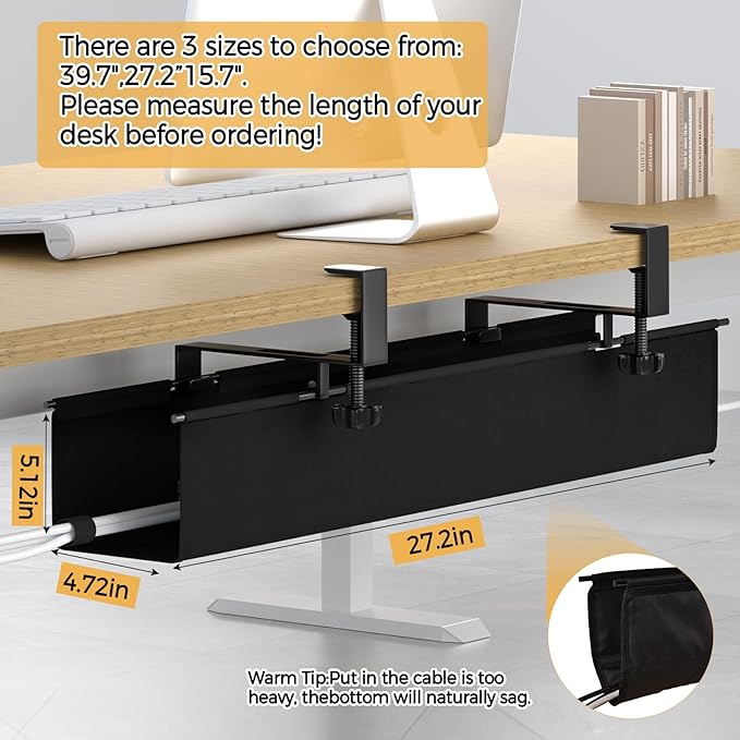Under Desk Cable Management Tray 27.2" - No Drill Computer Wire Organizer Cable Tray, Cord Hider Clamp Mount with 16X Cable Ties PC Cables Management Cord Holder for Office/Home (Upgrade Fabric,Black)