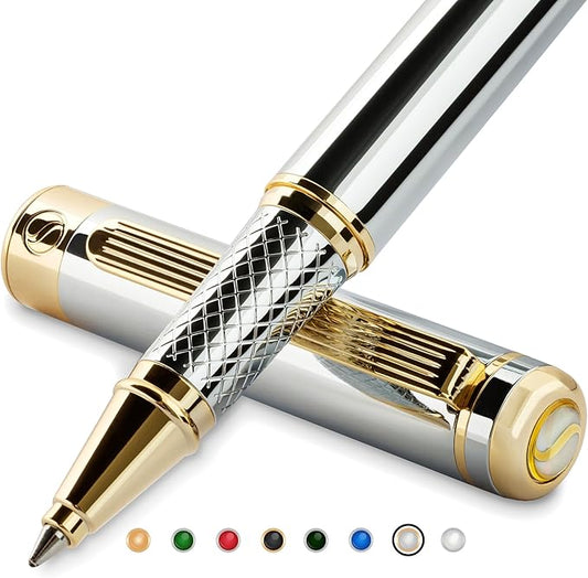 Scriveiner Silver Chrome Rollerball Pen - Stunning Luxury Pen, Real Gold Plating, Schmidt Ink Refill, Best Roller Ball Pen Gift Set for Men & Women, Professional, Executive Office, Fancy Pens