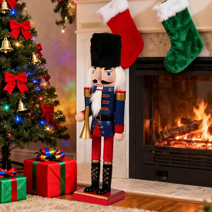 Nutcracker Christmas Decor, 14" Wooden Nutcracker Soldier Christmas Decoration Home Mantle Table Fireplace Christmas Ornaments for Festival Party(14" Black Fur Hat Horn Nutcracker)