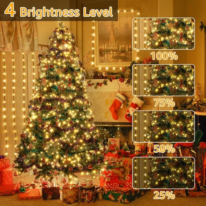 Ollny 198 FT 600 LED Outdoor Waterproof Plug in Christmas Tree Lights with 8 Modes Remote Timer, String Lights for House Yard Outside Indoor Xmas Decorations Warm White