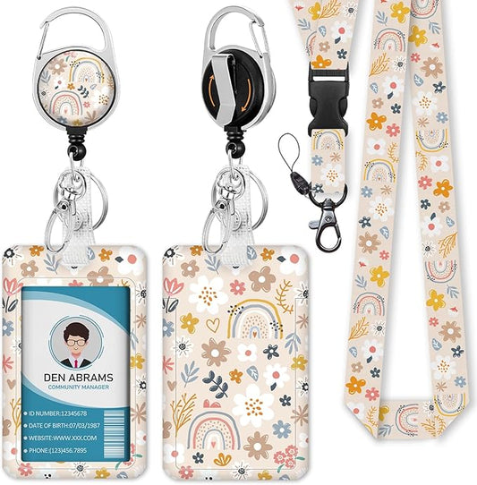 Lanyards for Id Badges, Boho Flowers Rainbows Badge Holder with Retractable Reel Belt Clip, Cute Work Name Tag Lanyard Vertical ID Card Protector Case for Women Nurse Doctor Teacher Student