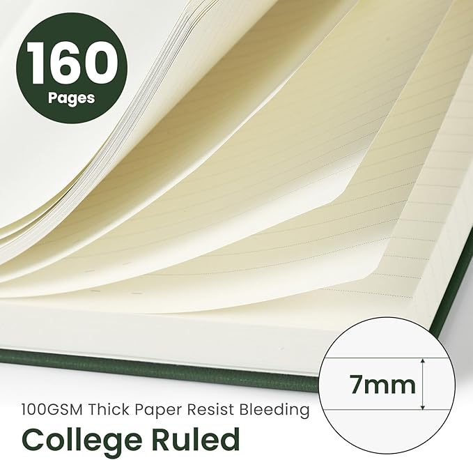 Lined Journal Notebook for Women & Men, Hardcover Leather Journal for writing, A5 College Ruled Notebook for Work & Note Taking, Perfect for Office School Home Supplies, 160 Pages, Dark Green