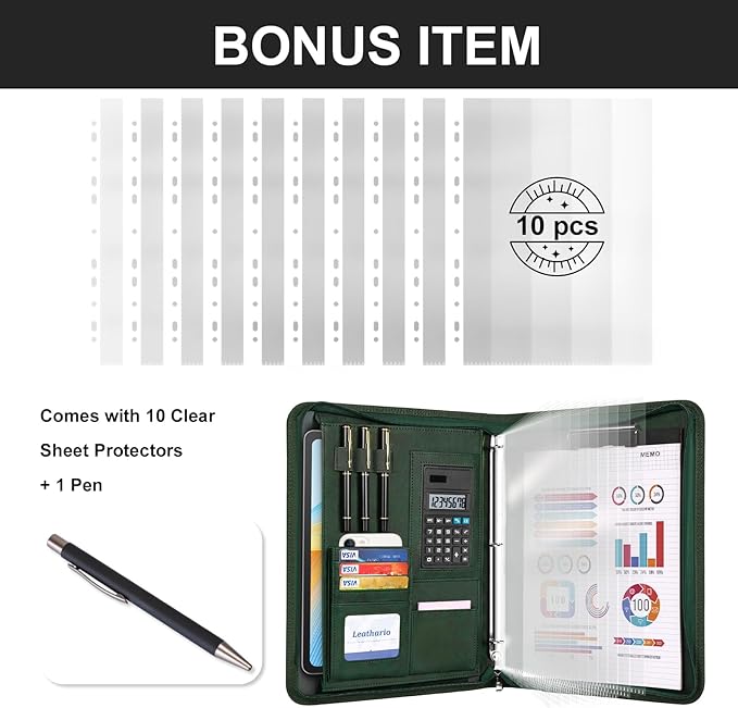 Leathario Portfolio Binder, 3-Ring Folder Organizer, Includes 5 Sheet Protectors and a Pen, Vegan Leather A4 Padfolio for Tablets, Business Conferences Professional Document Organizer, Office Supplies