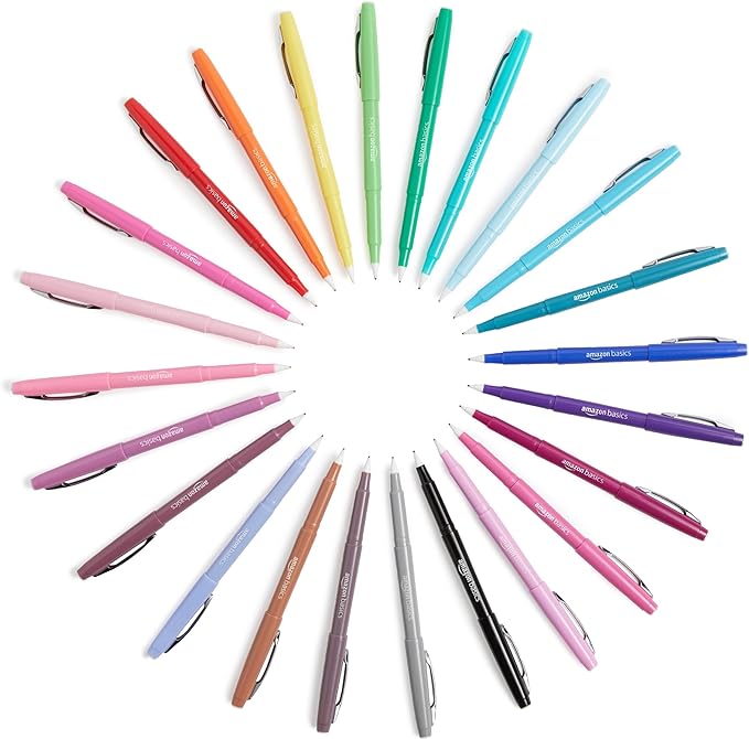 Amazon Basics Felt Tip Marker Pens, Versatile for Writing, Drawing, and Journaling, Assorted Colors, 24-Pack