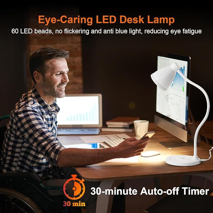 BOHON Desk Lamp for Home Office, LED Desk Light with USB C+A Charging Ports, Wireless Charger, 5 Colors Stepless Dimming Reading Light Timer, Touch Bedside Table Lamp for College Dorm Room White