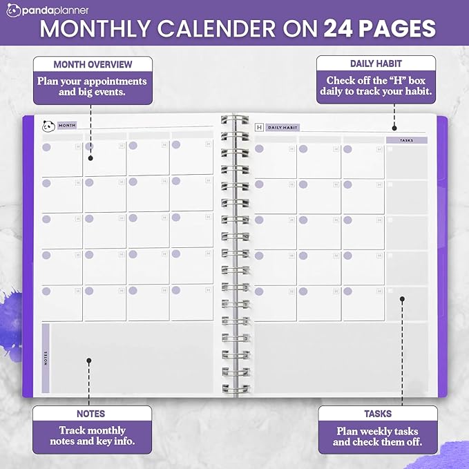Panda Planner 2025-2026 Undated Weekly Planner – Spiral Notebook 5.75" x 8.25" with 52 Weeks, Habit Tracker & Weekly To-Do Lists – Academic Planner & Productivity Organizer for Home, Office & School (Purple)