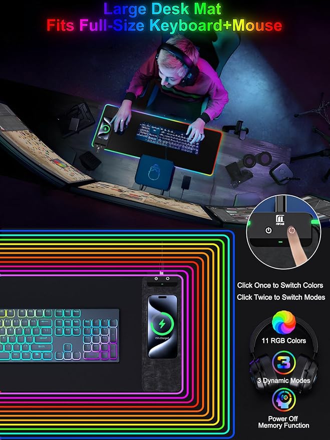Mouse Pad with Wireless Charging, Large Desk Mat RGB Gaming Mousepad, 10 Light Colors LED Gaming Pad Keyboard Pad with Ultra-Smooth Surface & Non-Slip Rubber Base, Waterproof Full Desk Mouse Pad