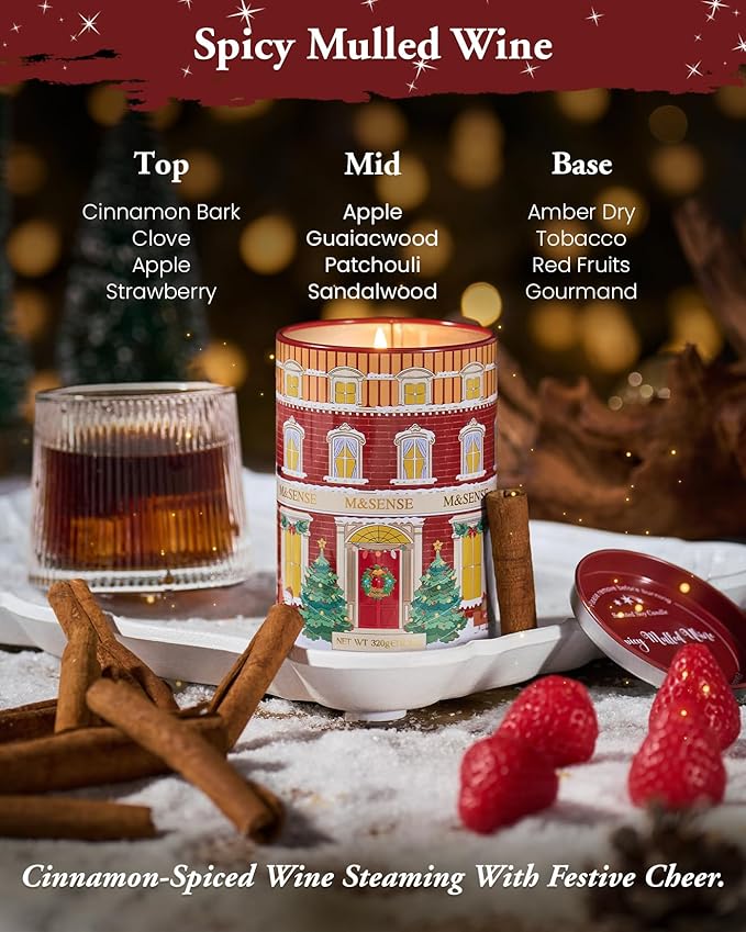 M&SENSE Spicy Mulled Wine Christmas Candles, Warm Apple Cider Holiday Scented Candle for Festival Ambiance, Winter Holiday Candles for Women Men, Soy Wax 11.3oz 70 Hour,Christmas Scented Candles