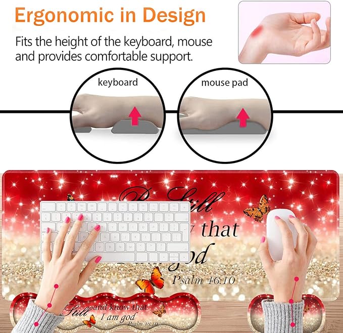 Large XXL Gaming Desk Mat 31.5"x 11.8", Ergonomic Keyboard Wrist Rest & Mouse Pad Wrist Rest + Coaster Set, Non-Slip Base, Memory Foam, Office and Home, Christian Psalm 46:10