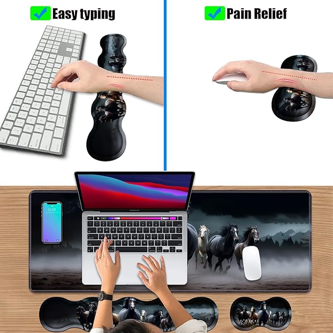 4 in 1 Ergonomic Keyboard Wrist Rest & Mouse Pad Wrist Rest Set, Large XXL Gaming Desk Mat 31.5"x 11.8" with Non-Slip Base, Memory Foam for Home Office Study Gaming, Running Horses