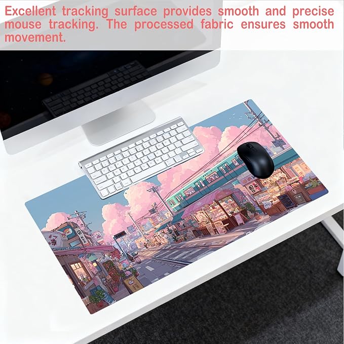 Nuxovilar Professional Large Mouse Pad & Computer Game Mouse Mat (35.4x15.7IN, Pastel Cartoon Town Art) (90 * 40cm Pastel Cartoon Town)