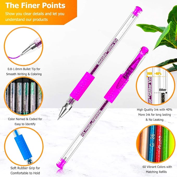 Soucolor Glitter Gel Pens for Adult Coloring Books, Christmas|Birthday Gifts, School Art Supplies,120 Pack-60 Glitter Pens, 60 Refills and Travel Case, 40% More Ink Markers Set for Drawing Journaling