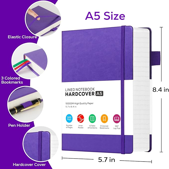 Lined Journal Notebook, 320 Pages Leather Hardcover Thick A5 College Ruled Thick Classic with Pen Loop, for Writing Women Men Office Work, 5.7'' X 8.4'', Pearlescent Purple