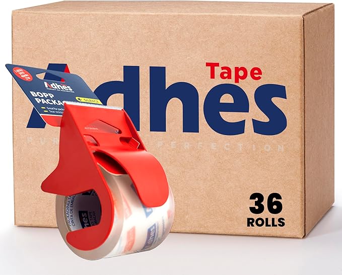 ADHES No Noise Shipping Packing Tape, 48mm x 20m, 36 Tape Rolls with Dispensers, Heavy Duty Packing Tape for Moving Boxes-Moving Tape Strong Adhesive Packaging