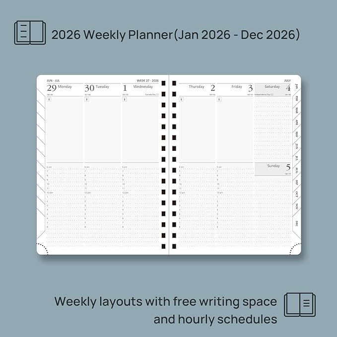 POPRUN 2026 Planner (Medium Size 8.5'' x 6.25'' Wire-Bound Hard Cover) Daily Weekly and Monthly Calendar - Agenda 2026 (Jan.2026-Dec.2026) with Hourly Schedule, Monthly Tabs - Navy Blue