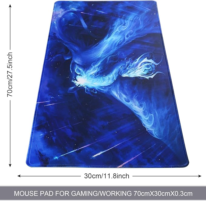 Large Gaming Mouse Pad with Stitched Edges,[27.5x11.8In] Extended Mouse Pad with Non-Slip Natural Rubber Base for Gamer/Desktop/Office/Home (70x30 Bluedragon)