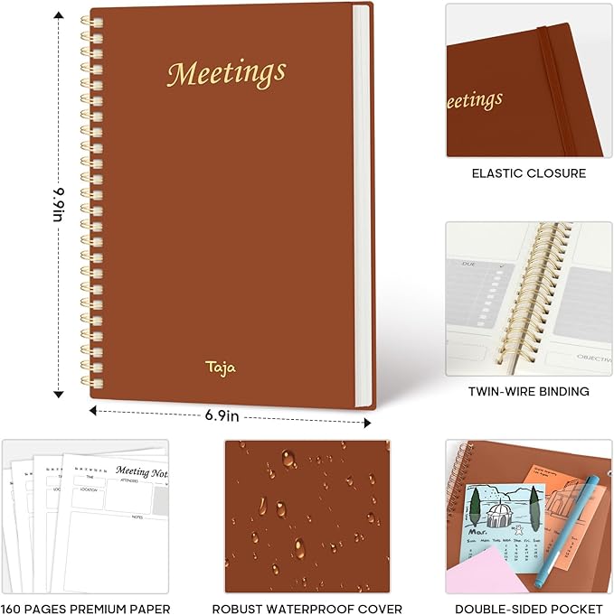 Meeting Notebook for Work Organization - Work Planner Notebook with Action Items, Agenda Planner for Note Taking, 160 Pages (6.9" X 9.9") Project Organizer for Men & Women - Rust Brown