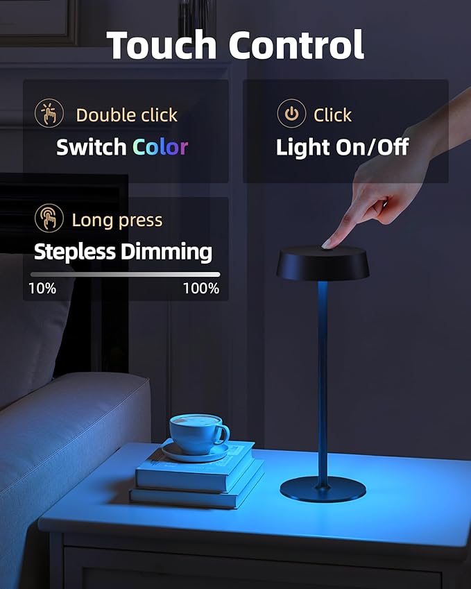 Cordless Lamp, Outdoor Waterproof, Dimmable Touch Control 3 Color Temperature, Battery Operated Portable, RGB, LED Memory Function, Rechargeable Table Lmap, Desk Lamp, Patio Dinning Restaurant Kitchen