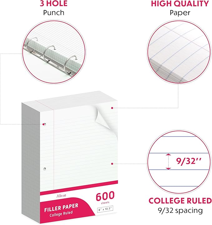 Loose Leaf Paper, College Ruled, 600 Sheets (150/Pack) Filler Paper for Writing Notes - School, College, Office 3 Hole-Punch Lined Sheets for Ring Binders, Pocket Folders - White, 8 x 10.5