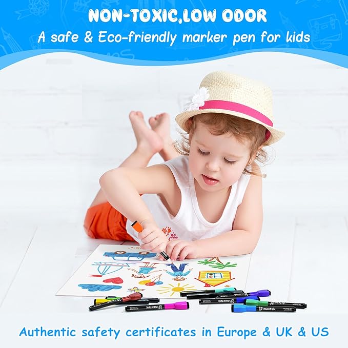 maxtek 60 Count Magnetic Dry Erase Markers, Fine Tip, 12 Colors, Low Odor Whiteboard Markers with Built-in Eraser