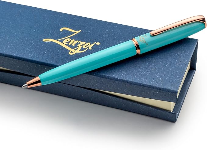 ZenZoi Turquoise Ballpoint Pen – Retractable, Executive Pen for Women w/Rose Gold Trim. Nice Writing Schmidt Ink Refills. Fancy, Luxury Pen Gift Set. Note Taking, Journaling Ball Pen