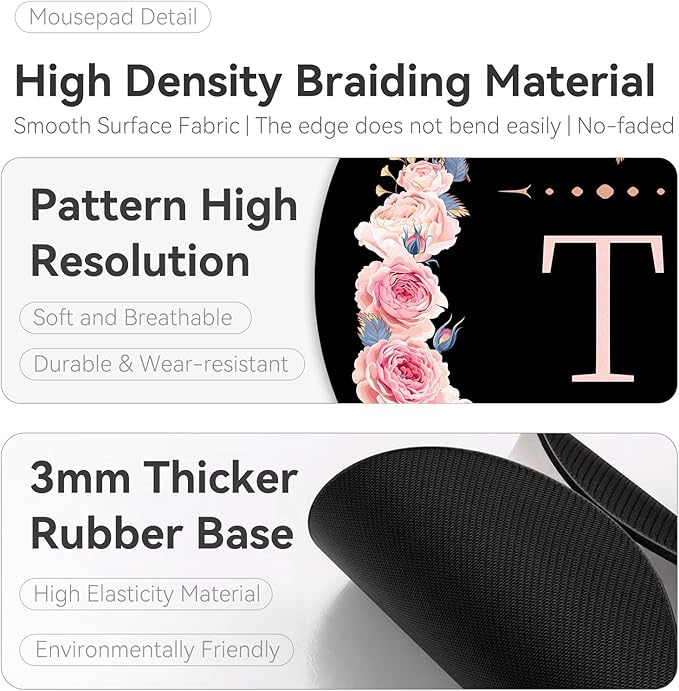 Letter T Black and Pink Flowers Round Mouse Pad,Funny Small Mouse Pad with Non-Slip Rubber Base,Mouse Mat,Home Office Decor Desk Accessories,8.7inch Round Mouse Pad