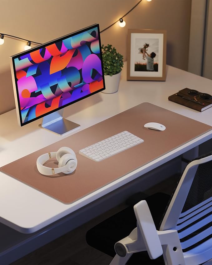 Leather Desk Pad Protector, Mouse Pad, Office Desk Mat, Non-Slip PU Leather Desk Blotter, Laptop Desk Pad, Waterproof Desk Writing Pad for Office and Home (Champagne Gold, 31.5" x 15.7")