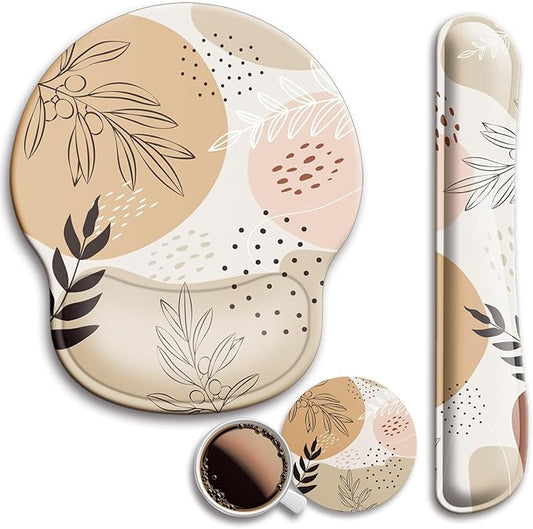 Mouse Pad and Keyboard Wrist Rest Support, with Non-Slip PU Base,Gel Mouse Pad with Coaster,Pain Relief for Gaming, Computer,Office -Boho Leaves