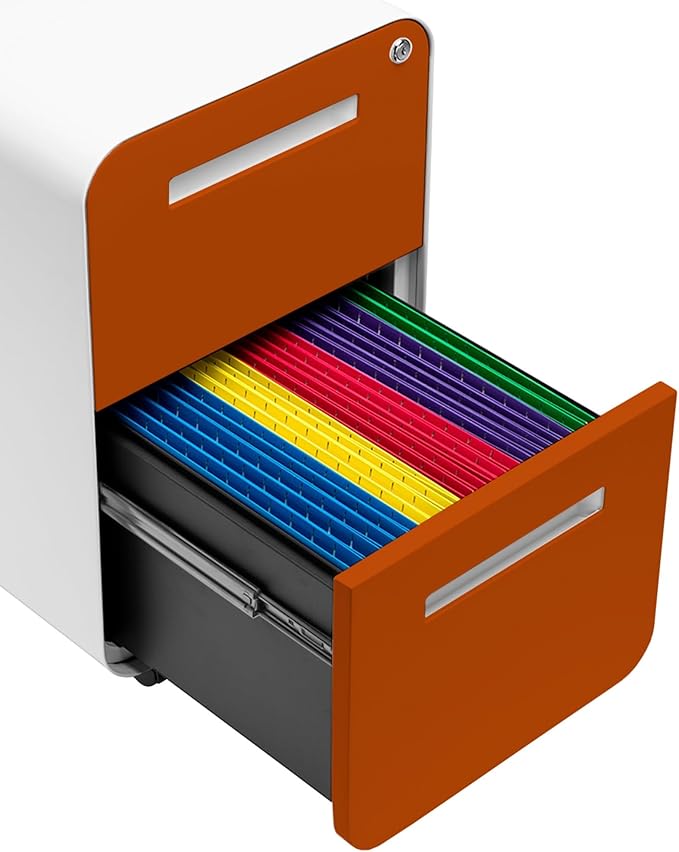 Laura Davidson Furniture Stockpile 2 Drawer Mobile File Cabinet with Lock - Under Desk Metal Filing Cabinet, Legal/Letter File Folders, Wheels and Stationary Feet, Pre-Assembled, White/Orange