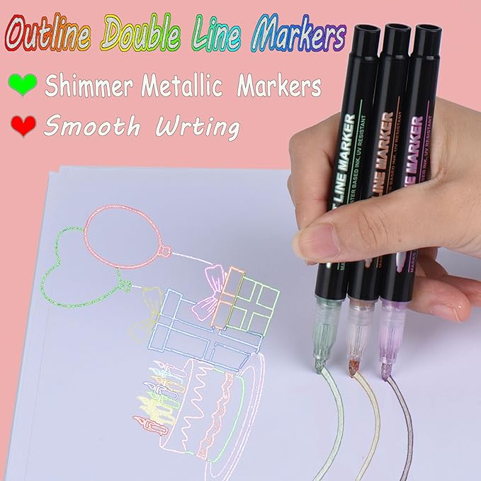 Outline Markers, 12 Colors Shimmer Markers Set, Self Outline Metallic Outline Marker Pen Set for Art, Drawing, Doodling, Card Making, Greeting Cards, DIY Crafts