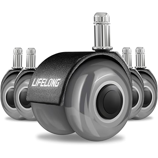 Lifelong Office Chair Wheels Replacement Rubber Desk Chair Casters for Hardwood Floors and Carpet, Set of 5, 2 Inch Heavy Duty Casters for Chairs to Replace Office Chair Mats - Fits 98%