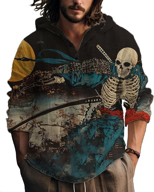 MARSVOVO Hooded Long Sleeve Shirt Men Fashion Graphic Button Up Lightweight Big and Tall Casual Vacation Shirts for Men