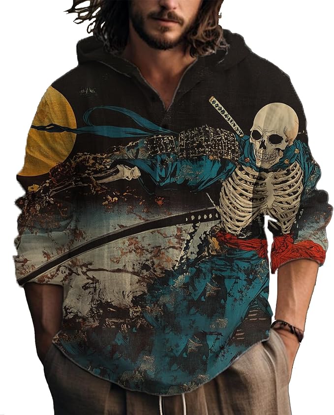 MARSVOVO Hooded Long Sleeve Shirt Men Fashion Graphic Button Up Lightweight Big and Tall Casual Vacation Shirts for Men