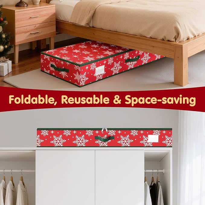 Wrapping Paper Organizer Storage, Christmas Wrapping Paper Storage with Flexible Partition & Pockets for Christmas Decorations, Ribbon, Underbed Gift Wrap Organizer for Holiday(Snowflake/Red)