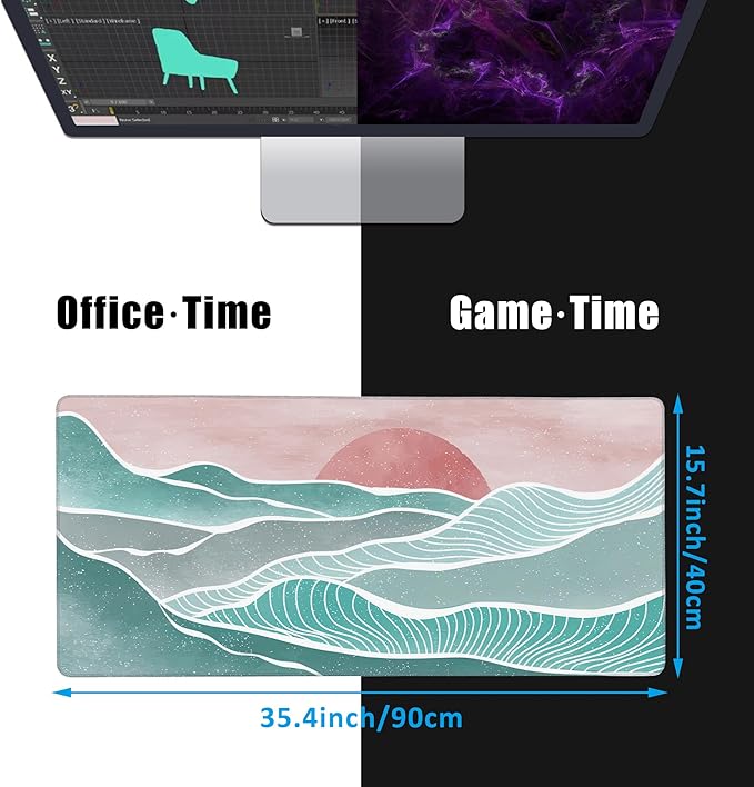 Ocean Wave and Mountain Large Gaming Mouse Pad,Waterproof Desk Mat for Desktop,Non-Slip Rubber Base Mousepad with Stitched Edges for Laptop Office and Home 35.4X15.7 Inch