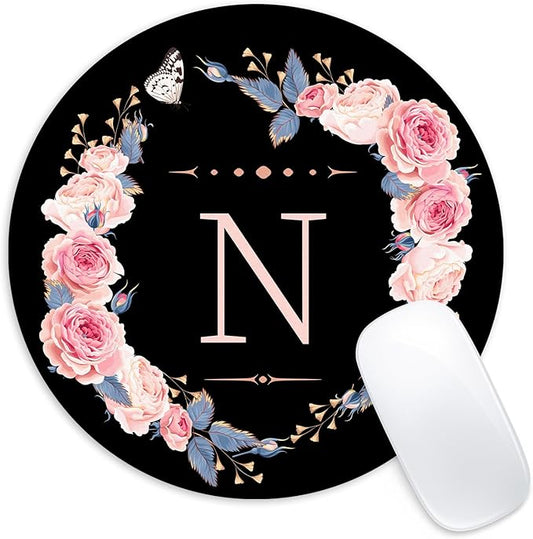 Letter N Black and Pink Flowers Round Mouse Pad - Non-Slip Rubber Base, Home Office Decor Desk Accessories, 8.7-Inch