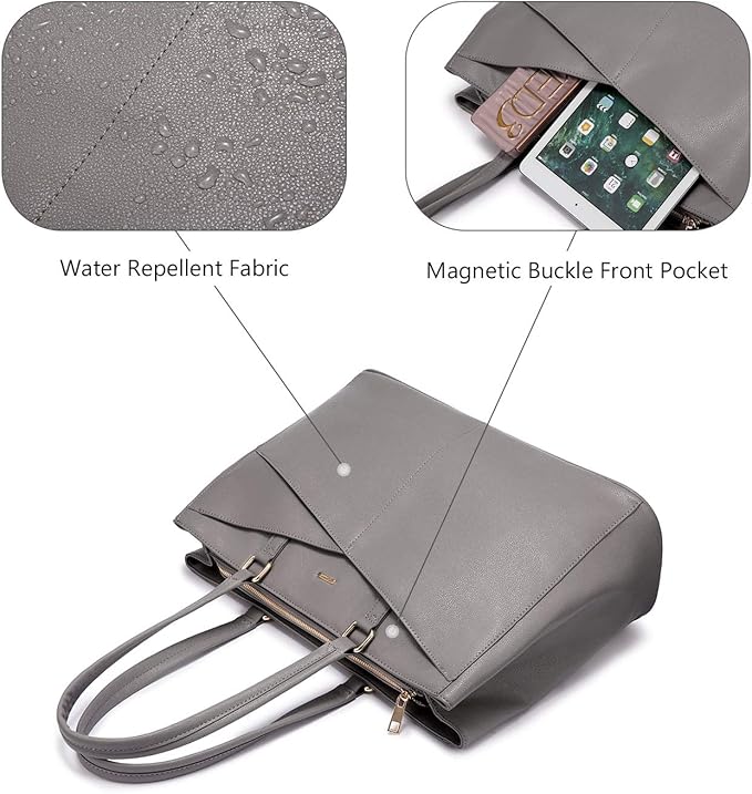 LOVEVOOK Laptop Tote Bag for Women 15.6 Inch Waterproof Leather Computer Bags Women Business Office Work Bag Briefcase Grey