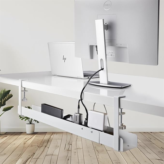 StarTech.com Under Desk Cable Management Tray, Length Adjustable, Clamp-On Installation, No Drilling Required, White