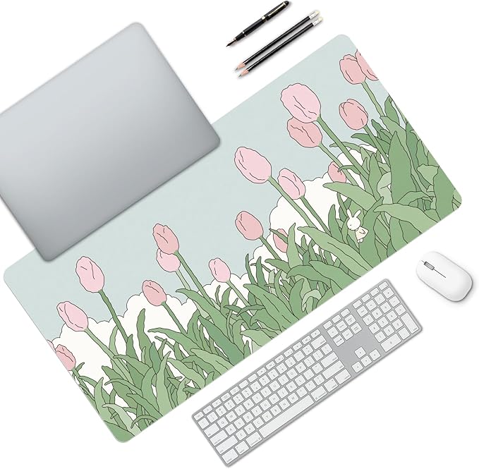 MAYCARI Watercolor Tulip Flower Mouse Pads,Extended Gaming Mousepad XXL Kawaii Anime Desk Mat Pink Green Large Full Desk Mouse Pad 31.5" x15.7"