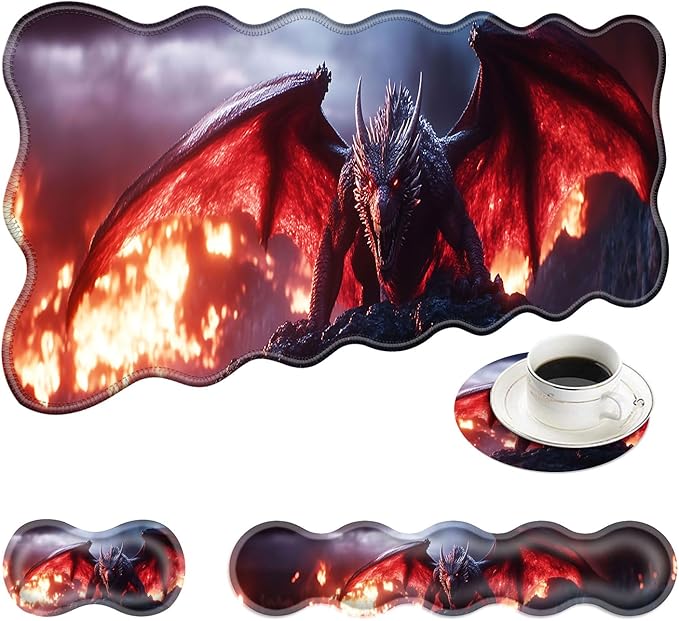Large Mouse Pad and Keyboard Wrist Rest, Desk Pad for Keyboard and Mouse, 4-in-1 Large Gaming Mouse Pad with Wrist Support, Desk Mat for Home Office Study Game-Dragon in Flames