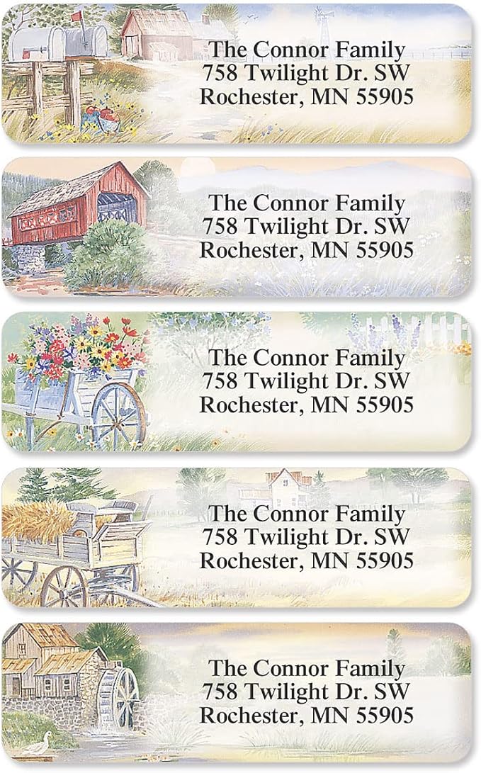 Colorful Images American Countryside Rolled Personalized Return Address Mailing Labels with Dispenser, Customize with Name & Shipping Address, 250 ¾” x 2½” Self Adhesive, Easy Peel Label Roll