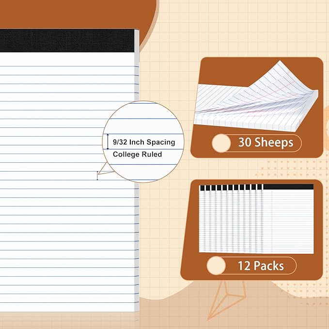 Legal Pads 8.5 X11.75, Narrow Ruled Notepads, 12 Pack, 30 Sheet/Pad, White Legal Pads, Tear Off Notepad, Perforated Writing Pad, Notebook Paper College Ruled, Notepads for Office Home School, Notepad