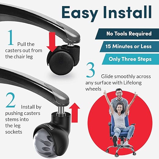 Lifelong Office Chair Wheels Replacement - 2 Inch Heavy Duty Rolling Chair Casters, Safe for All Floor and Carpet, Set of 5, Rubber Desk Chairs Wheels Universal Fit