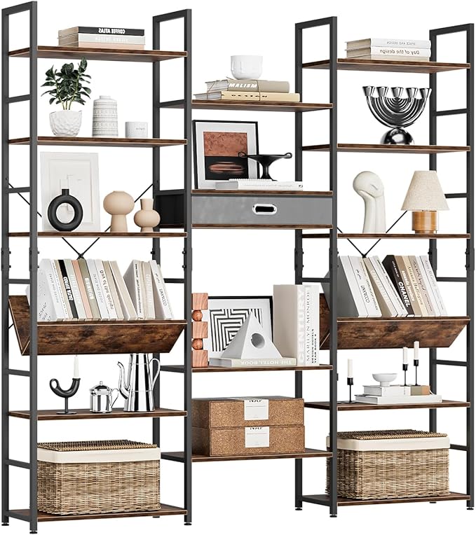 NUMENN Bookcases and Bookshelves Triple Wide 6 Tier Bookshelf, Large Etagere Bookshelf with Storage Drawer, Adjustable Open Display Shelves for Living Room Bedroom Home Office, Vintage