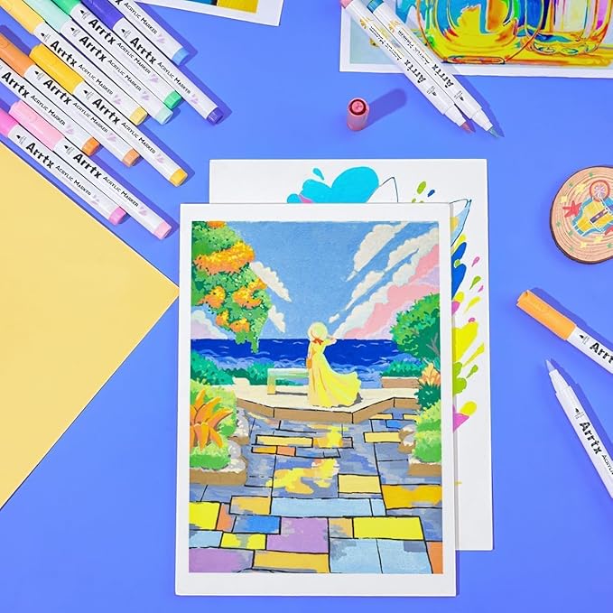 Arrtx Markers Paint Pens 60 Colors, Acrylic Paint Pens Brush Tip for Wood, Canvas, Stone, Rock Painting, Ceramic Surfaces, DIY Crafts Making Art Supplies-with Neon & Metallic & Regular Color