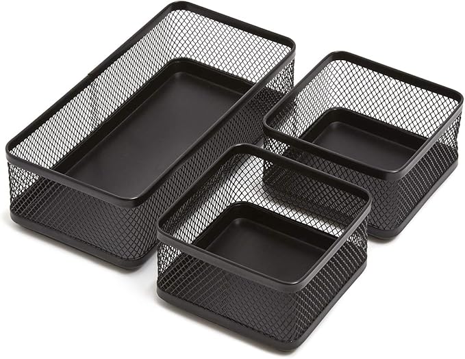 1InTheOffice Mesh Collection Desk Drawer Organizer Tray 3 Compartment - Stackable, Matte Black