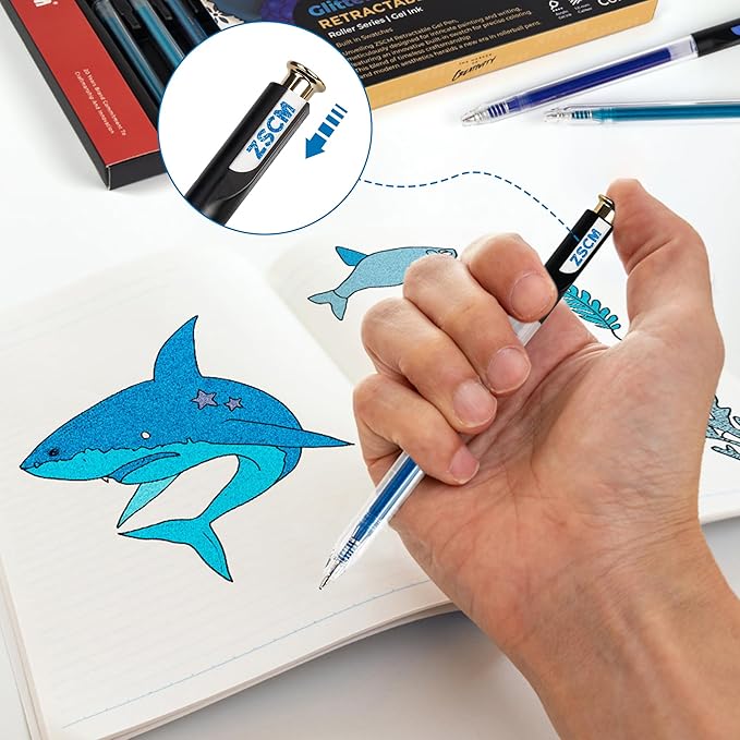 Retractable Glitter Gel Pens, 12 Colors Large Capacity Blue Glitter Metallic Gel Ink Pen, 1 mm Fine Point Smooth Writing Color Pens for Adult Coloring Book Note Taking Aesthetic Art Supplies