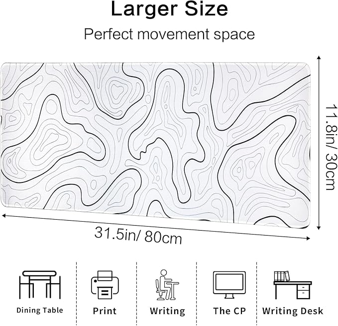 Large Gaming Mouse Pad for Desk, White Topographic Mouse Pad Desk Mat for Gaming Office, Long XL Mouse Pads Keyboard Pad Desk Pad for Computer Laptop 31.5''x11.8''