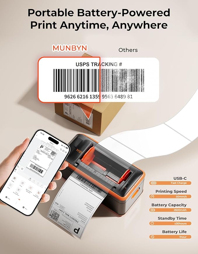 MUNBYN Bluetooth Thermal Label Printer 4x6, Wireless Shipping Label Printer with Built-in Paper Bin & Battery, Compatible with iOS, Android, Windows, Mac, Works for Amazon, Ebay, Shopify, Etsy, USPS