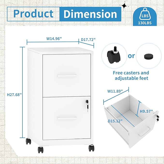 2 Drawer File Cabinet with Lock, Mobile File Cabinets with Wheels, Metal Office Storage Cabinet Under Desk,Vertical Filing Cabinets for Home Office, Required Assembly